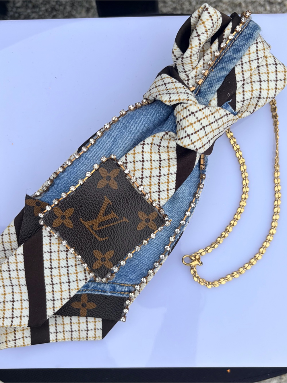 Designer-Inspired Brown Monogram Ribbon Chain tie